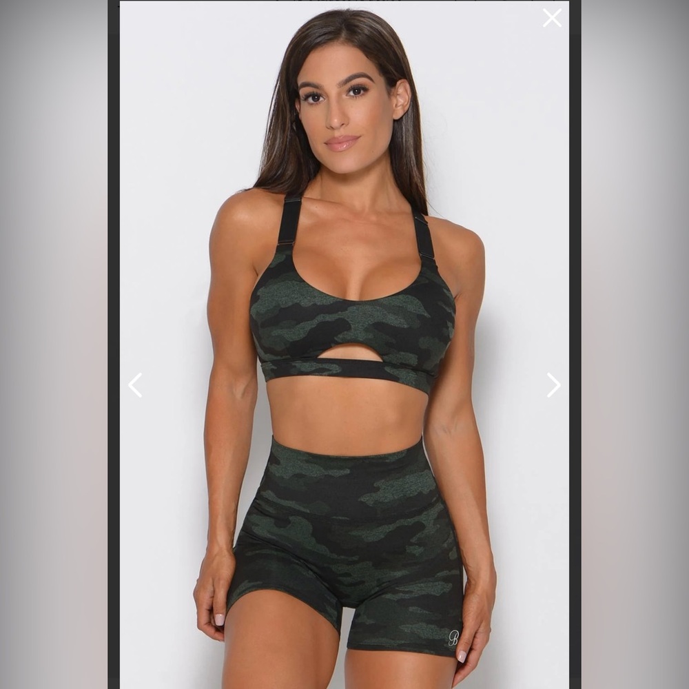 SOLD OUT Bombshell Sportswear Green/Black Fit Camo Sports Bra & Shorts SMALL NWT